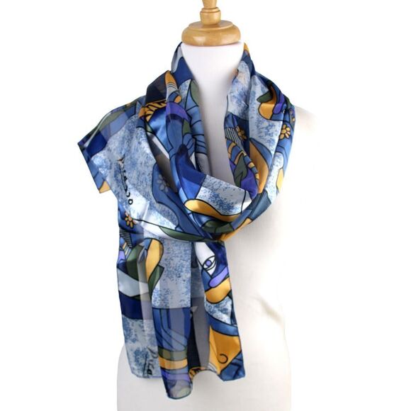 13.5"x60" Picasso BLUE MULTICOLOR POLYESTER HANDROLLED SCARF SHAWL WRAP (B46 - Picture 3 of 8